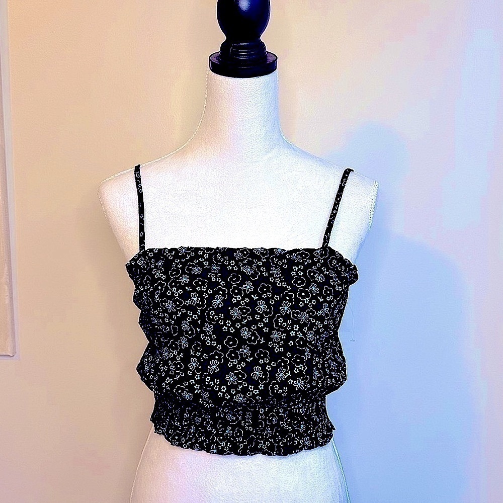 NWT Abound Black & Teal Ditsy Floral Smocked Crop Camisole Coastal Chic Size S - Picture 2 of 16